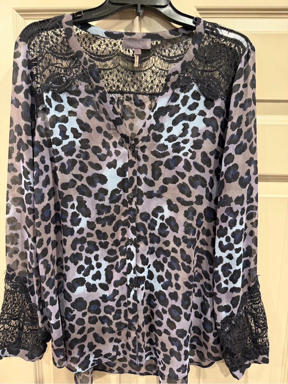 Like New Vintage Hale Bob Purple Leopard Print Lace-Trim Blouse - Gray & Black